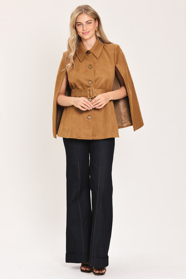 CAMEL CHIC CAMEL FAUX SUEDE BELTED CAPELET JACKET