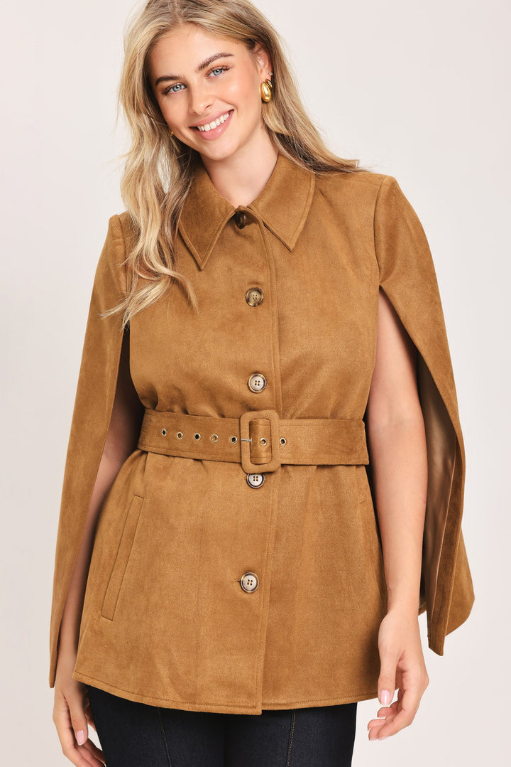 CAMEL CHIC CAMEL FAUX SUEDE BELTED CAPELET JACKET