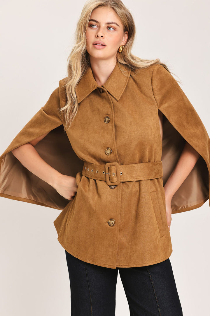 CAMEL CHIC CAMEL FAUX SUEDE BELTED CAPELET JACKET