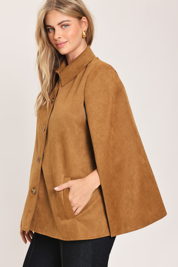 CAMEL CHIC CAMEL FAUX SUEDE BELTED CAPELET JACKET