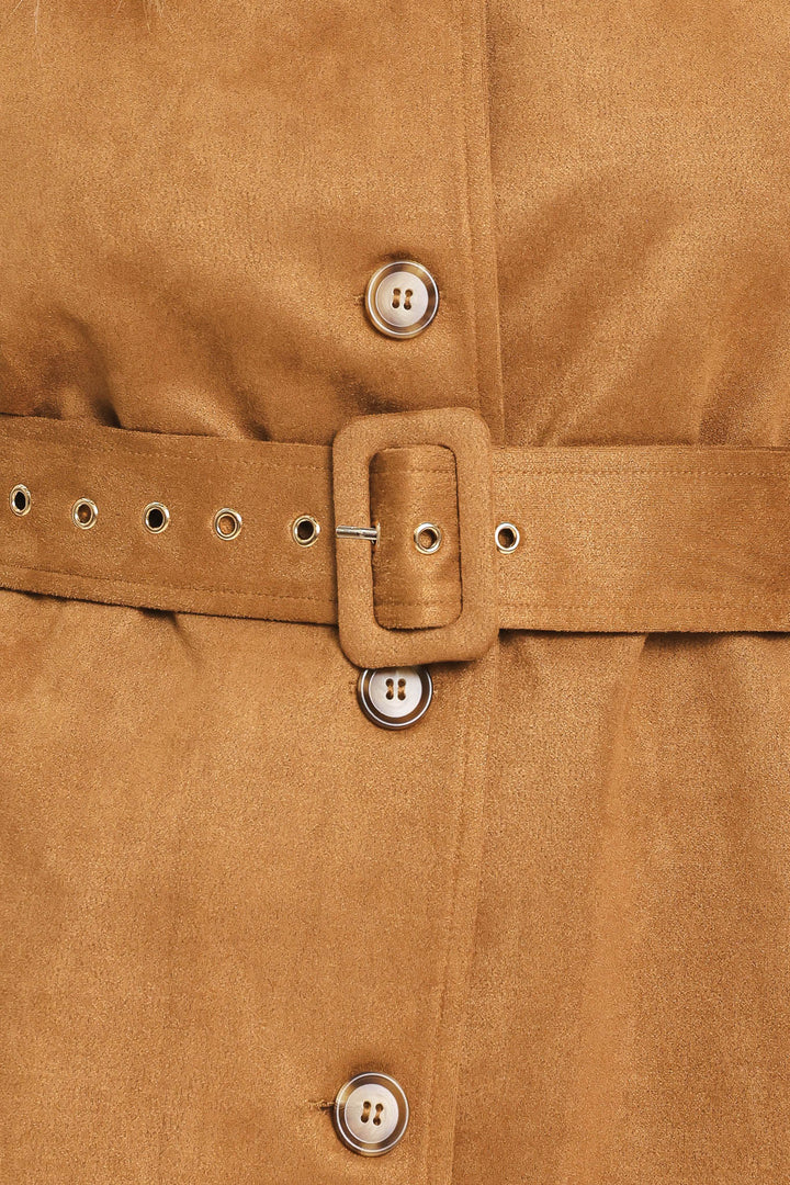 CAMEL CHIC CAMEL FAUX SUEDE BELTED CAPELET JACKET