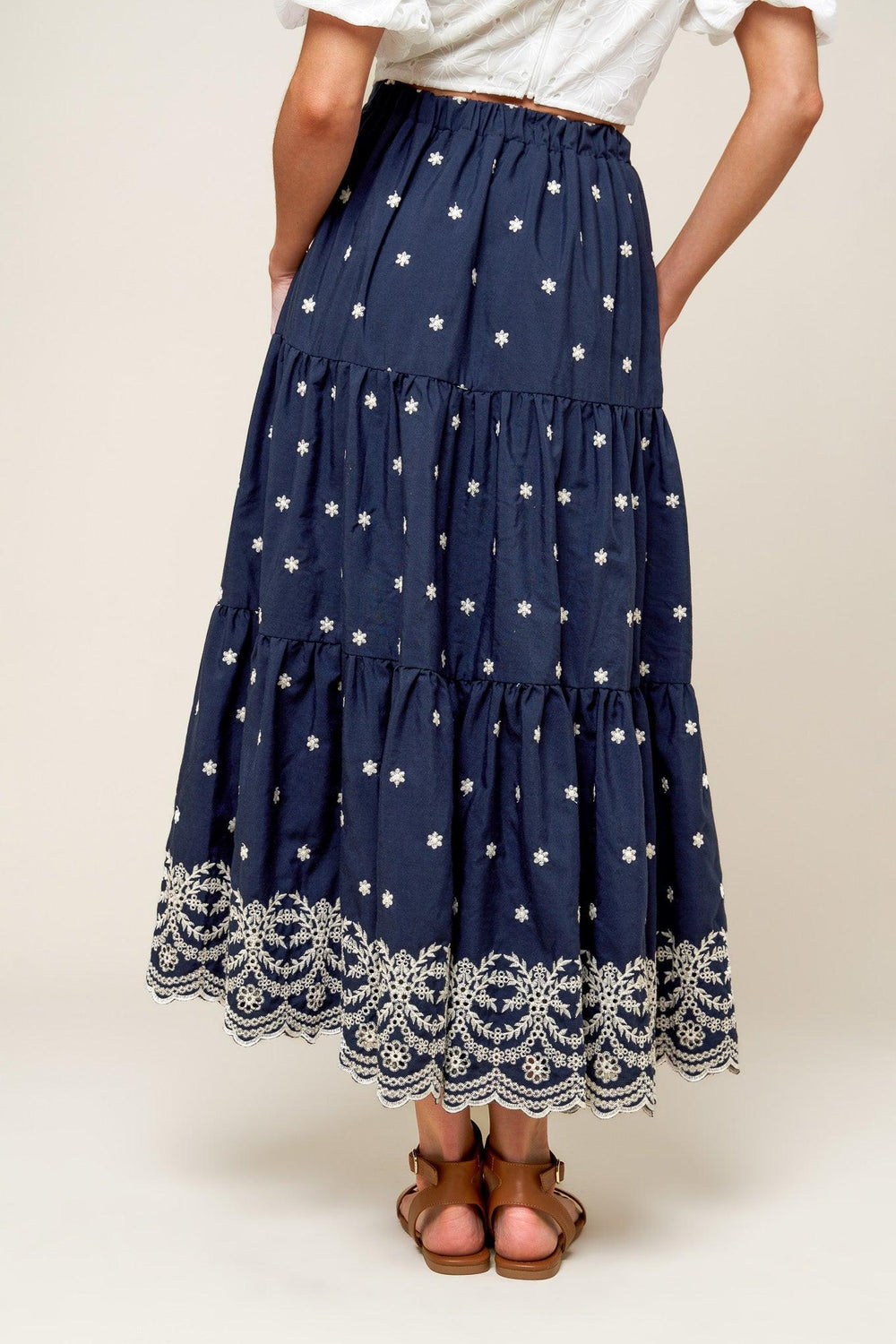 Bebe Alert Navy Woven Midi Skirt from KADOU Boutique