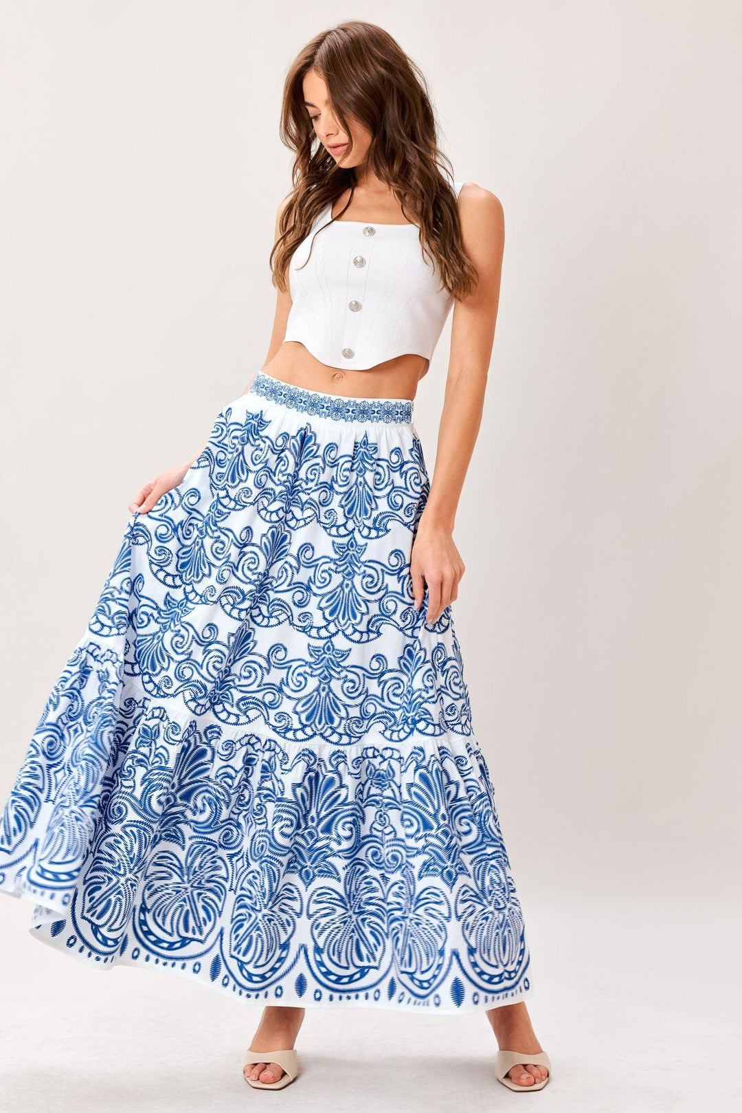Azure Ornate Woven Full Midi Skirt from KADOU Boutique