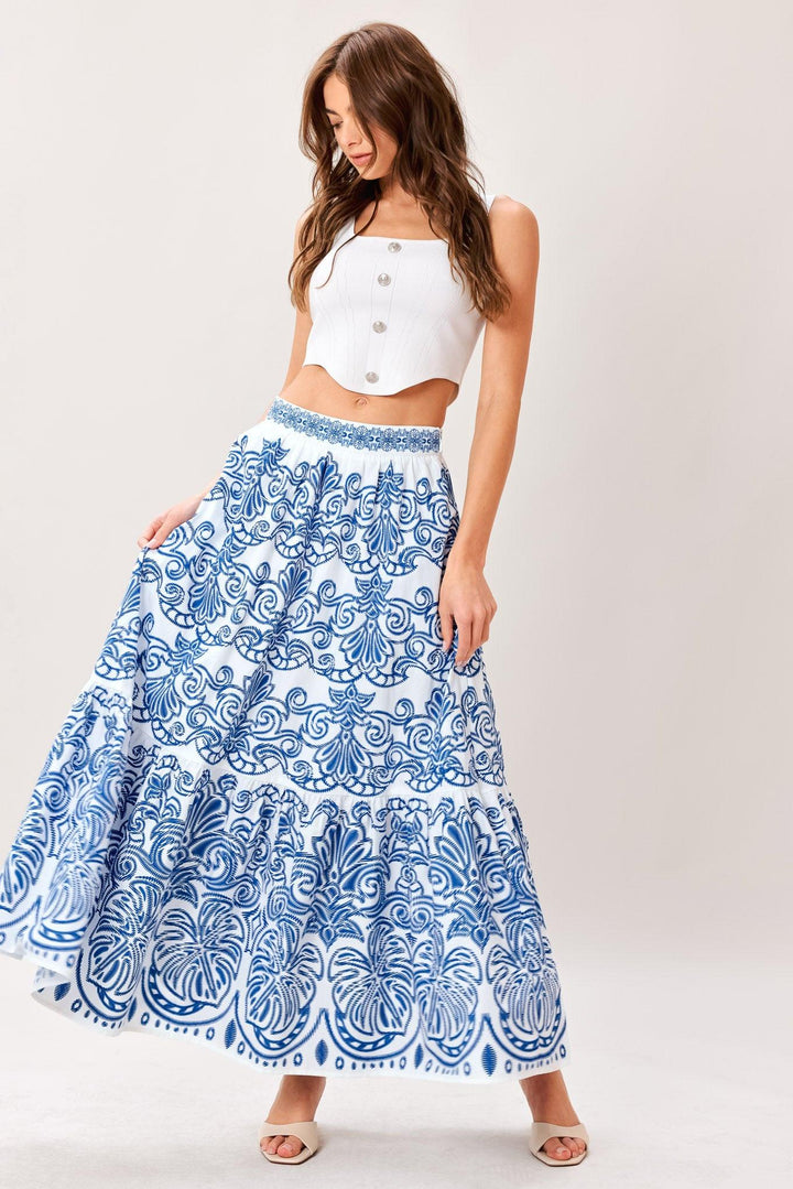 Azure Ornate Woven Full Midi Skirt from KADOU Boutique
