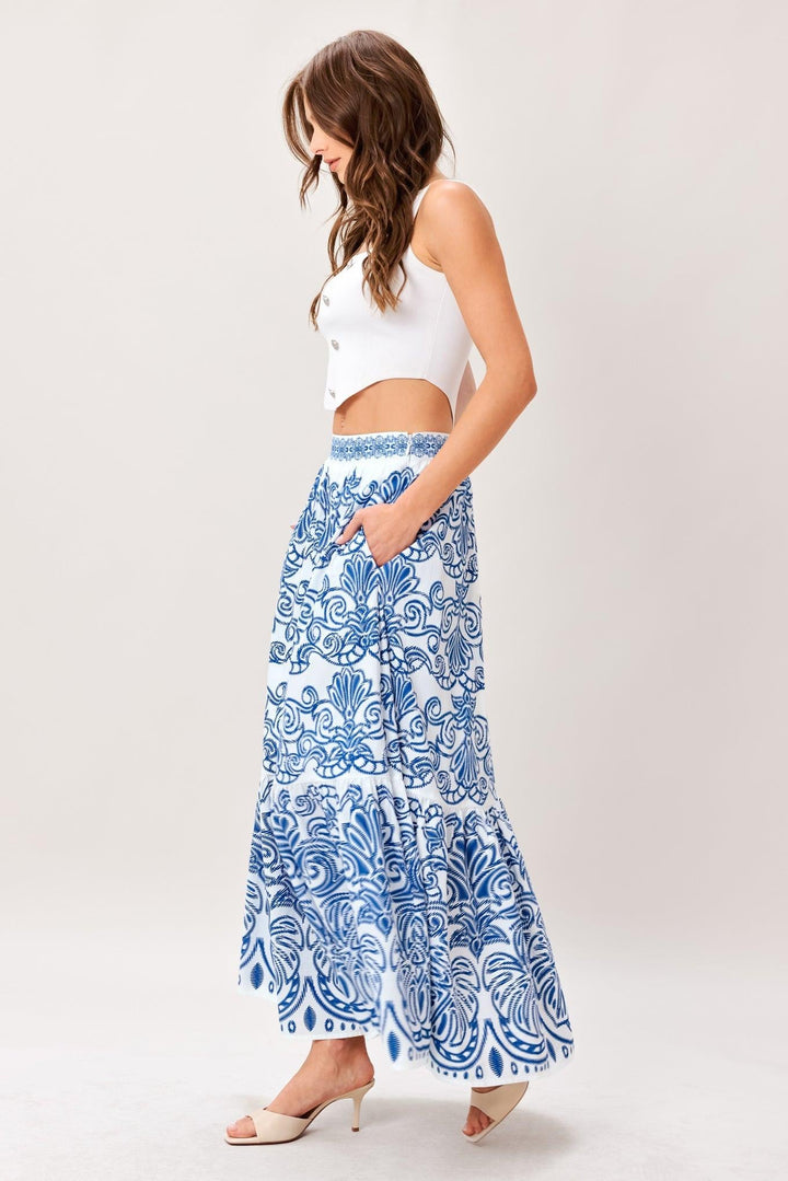 Azure Ornate Woven Full Midi Skirt from KADOU Boutique