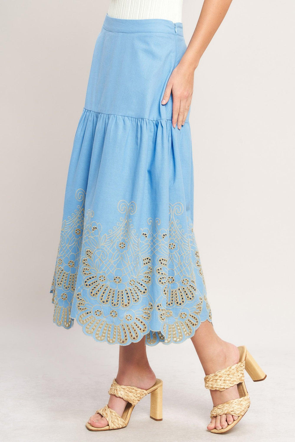 Sky Bloom Woven Eyelet Midi Skirt from KADOU Boutique