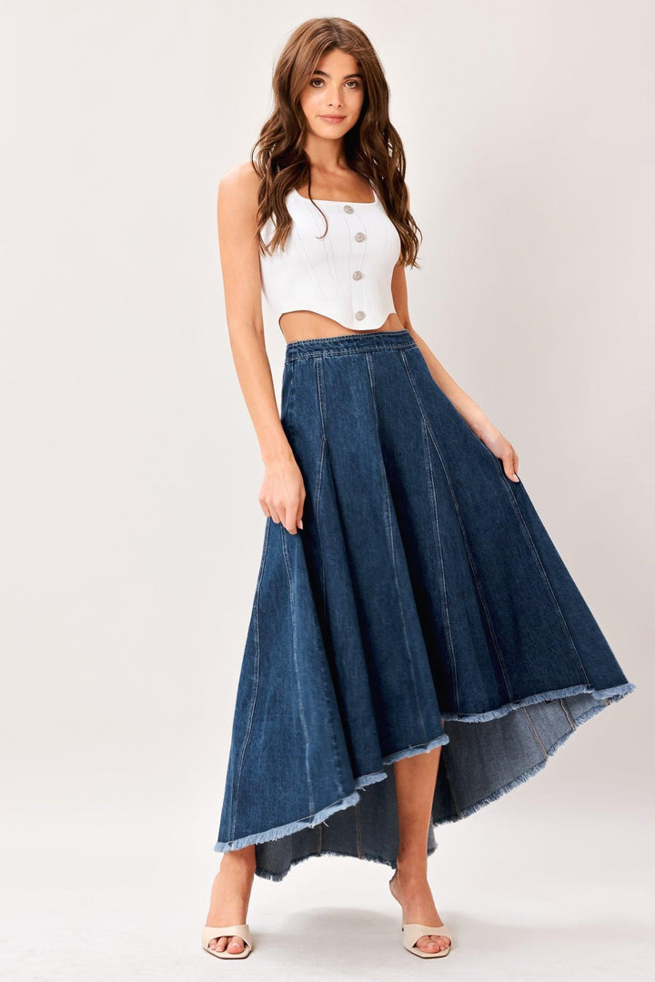 City Swing Denim Hi-Lo Midi Circle Skirt from KADOU Boutique