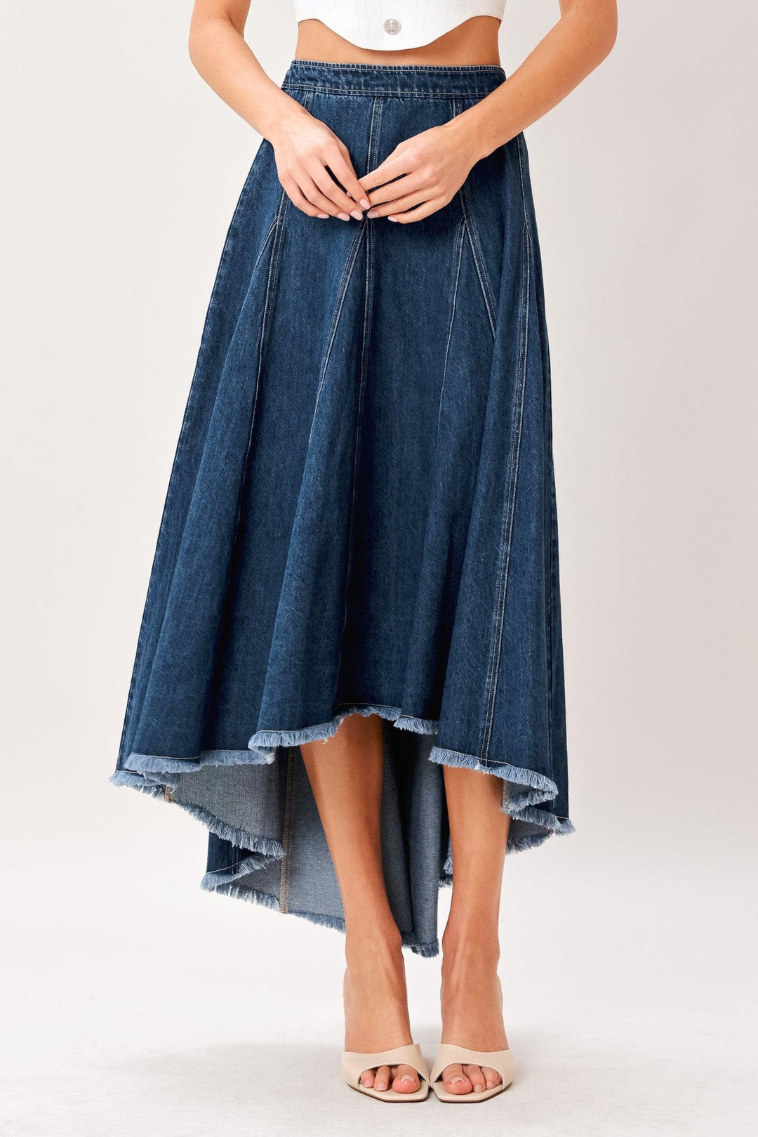 City Swing Denim Hi-Lo Midi Circle Skirt from KADOU Boutique