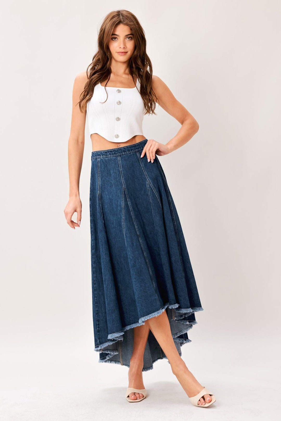 City Swing Denim Hi-Lo Midi Circle Skirt from KADOU Boutique