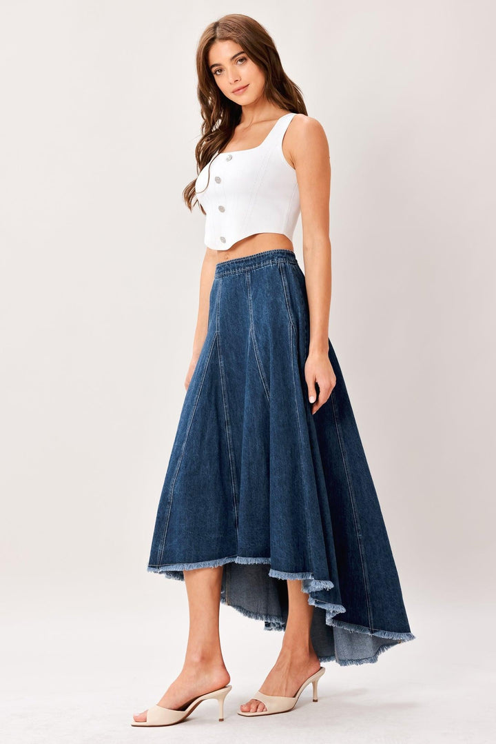 City Swing Denim Hi-Lo Midi Circle Skirt from KADOU Boutique