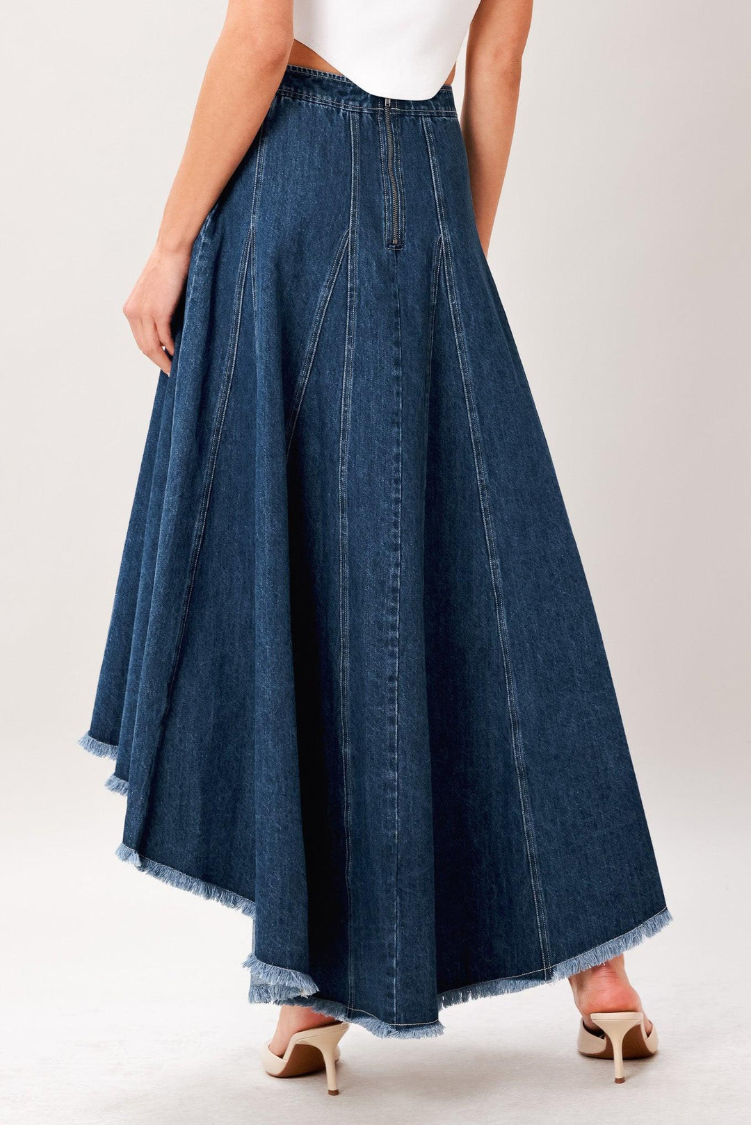 City Swing Denim Hi-Lo Midi Circle Skirt from KADOU Boutique