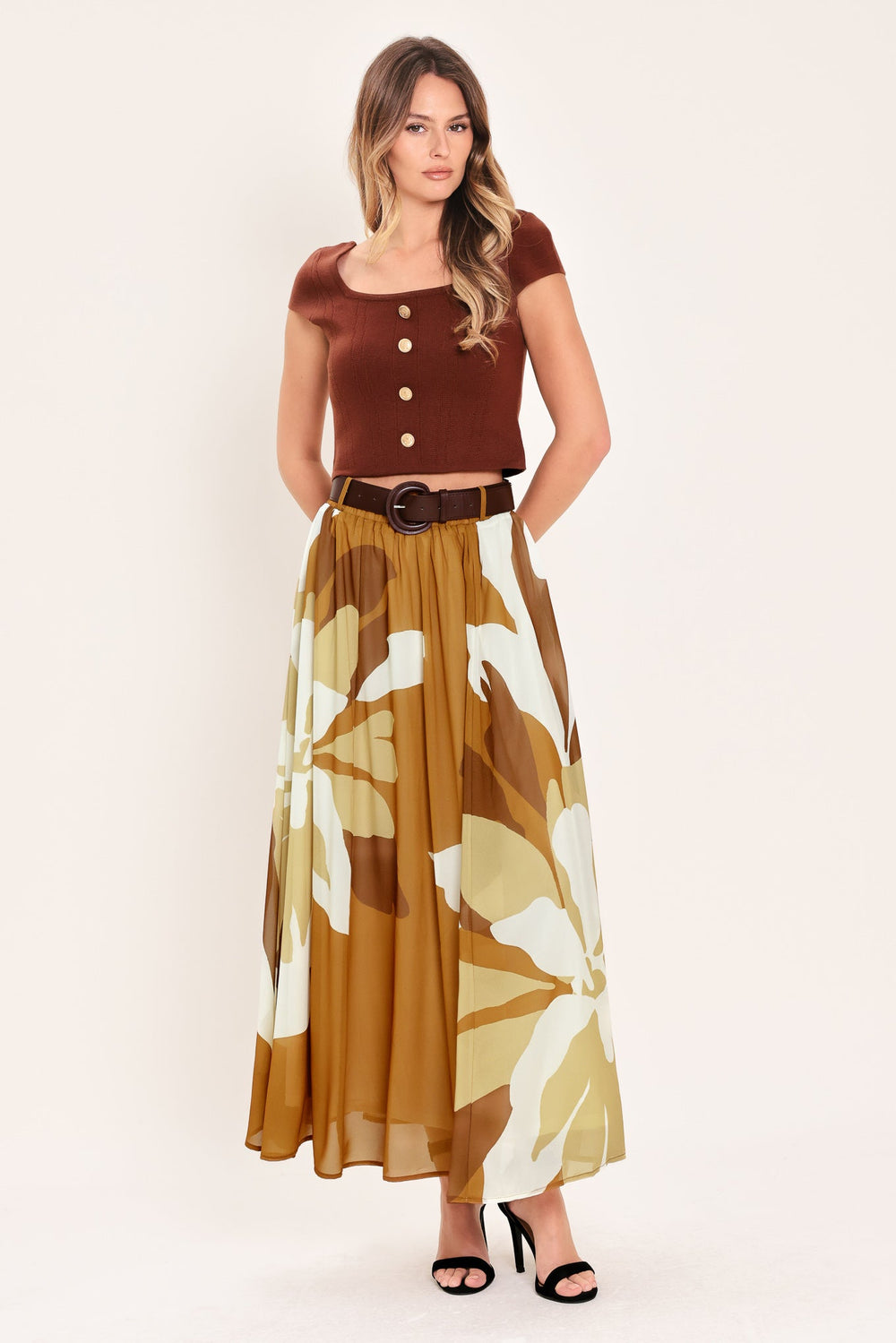 Toffee Tropics Woven Midi Skirt from KADOU Boutique