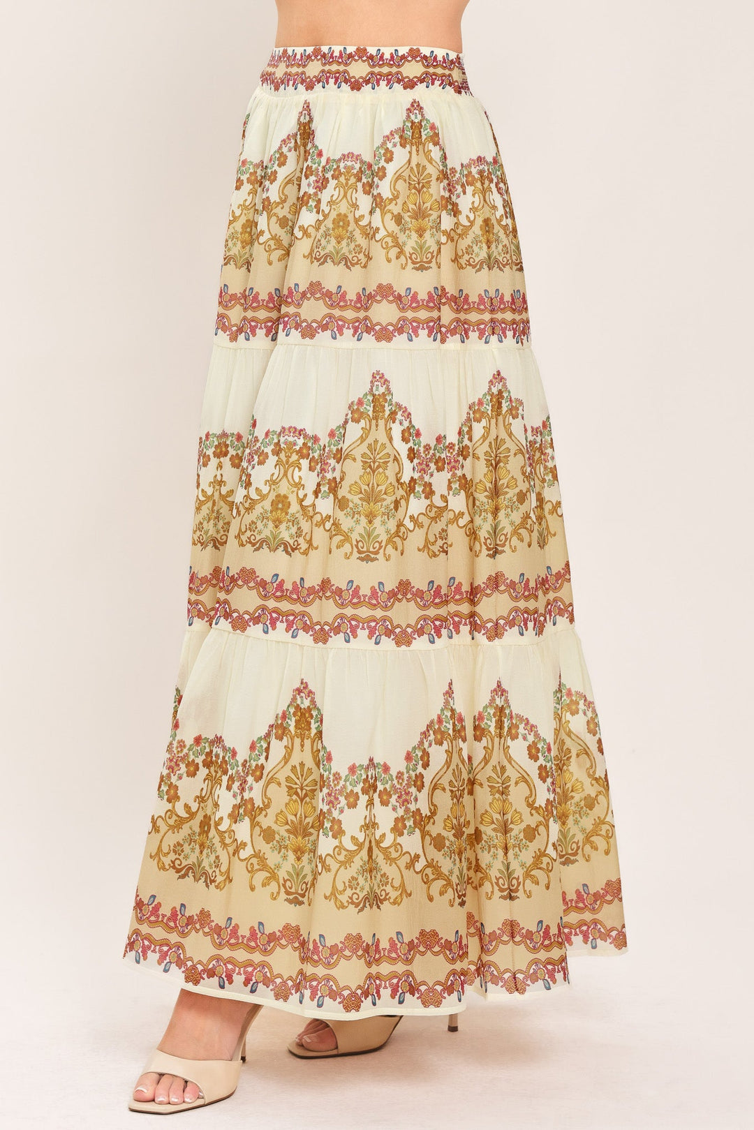 GILDED SCROLL PRINT WOVEN MAXI SKIRT