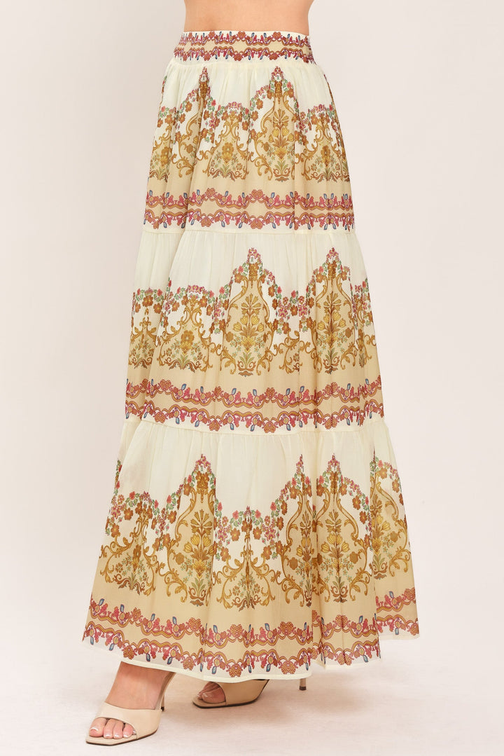 GILDED SCROLL PRINT WOVEN MAXI SKIRT
