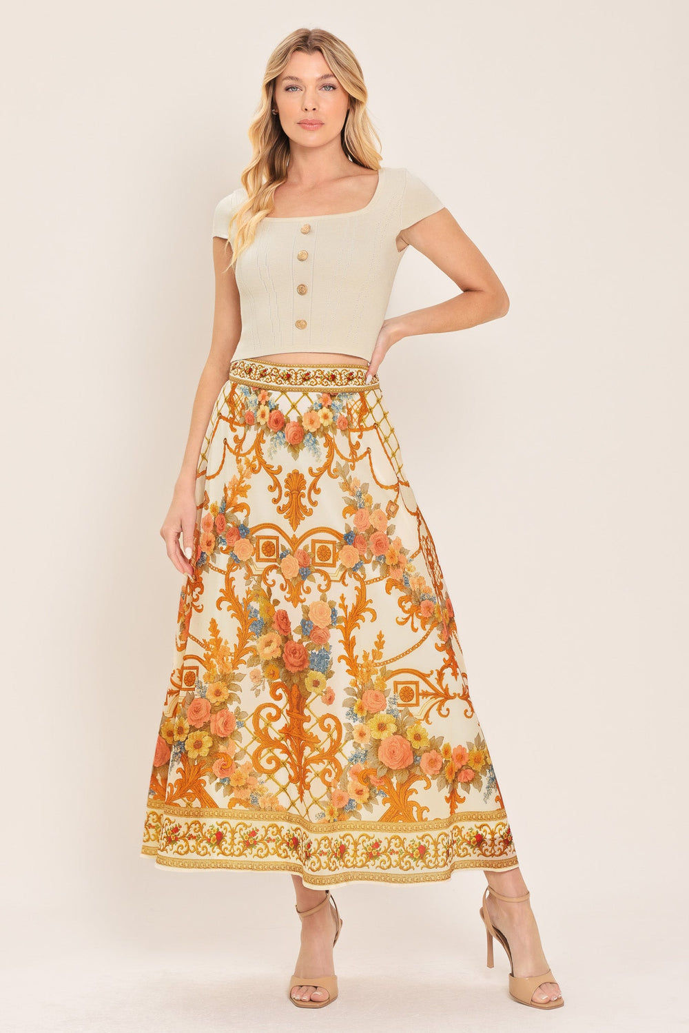 Antique Bloom Woven Midi Circle Skirt from KADOU Boutique