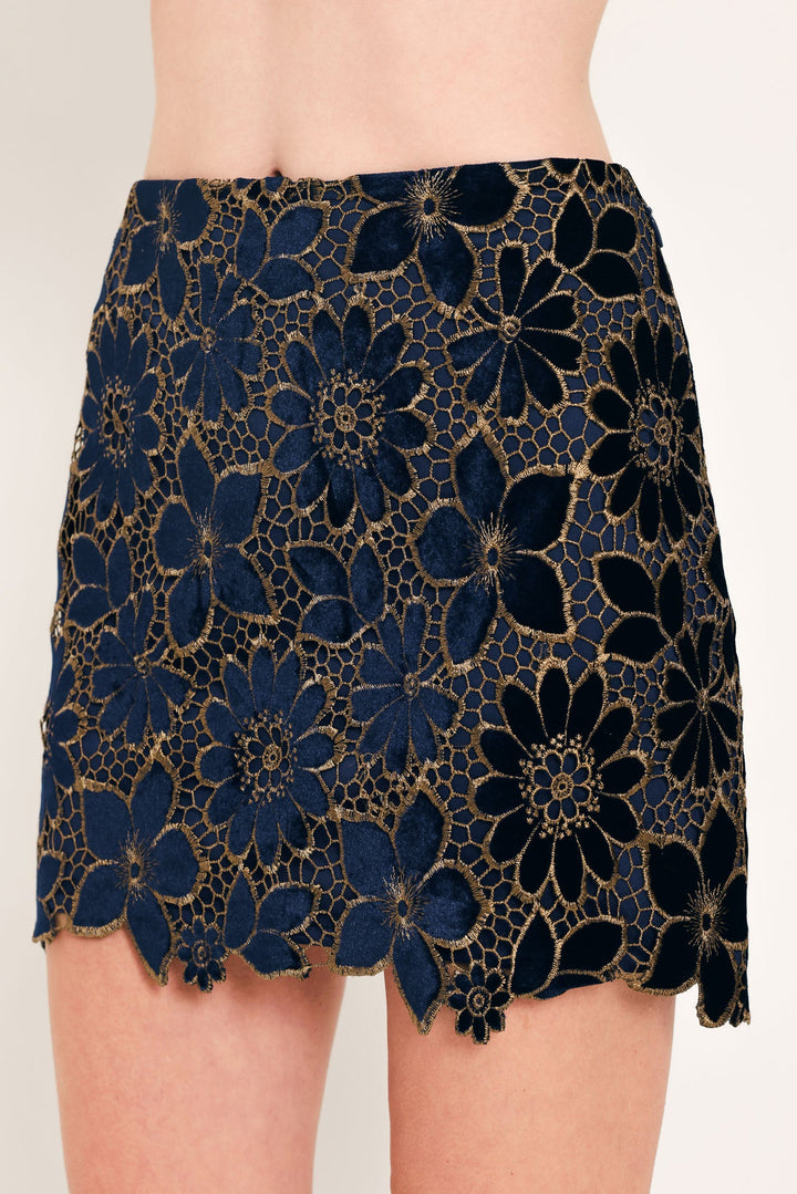 NAVY ROMANCE VELVET LACE MINI SKIRT