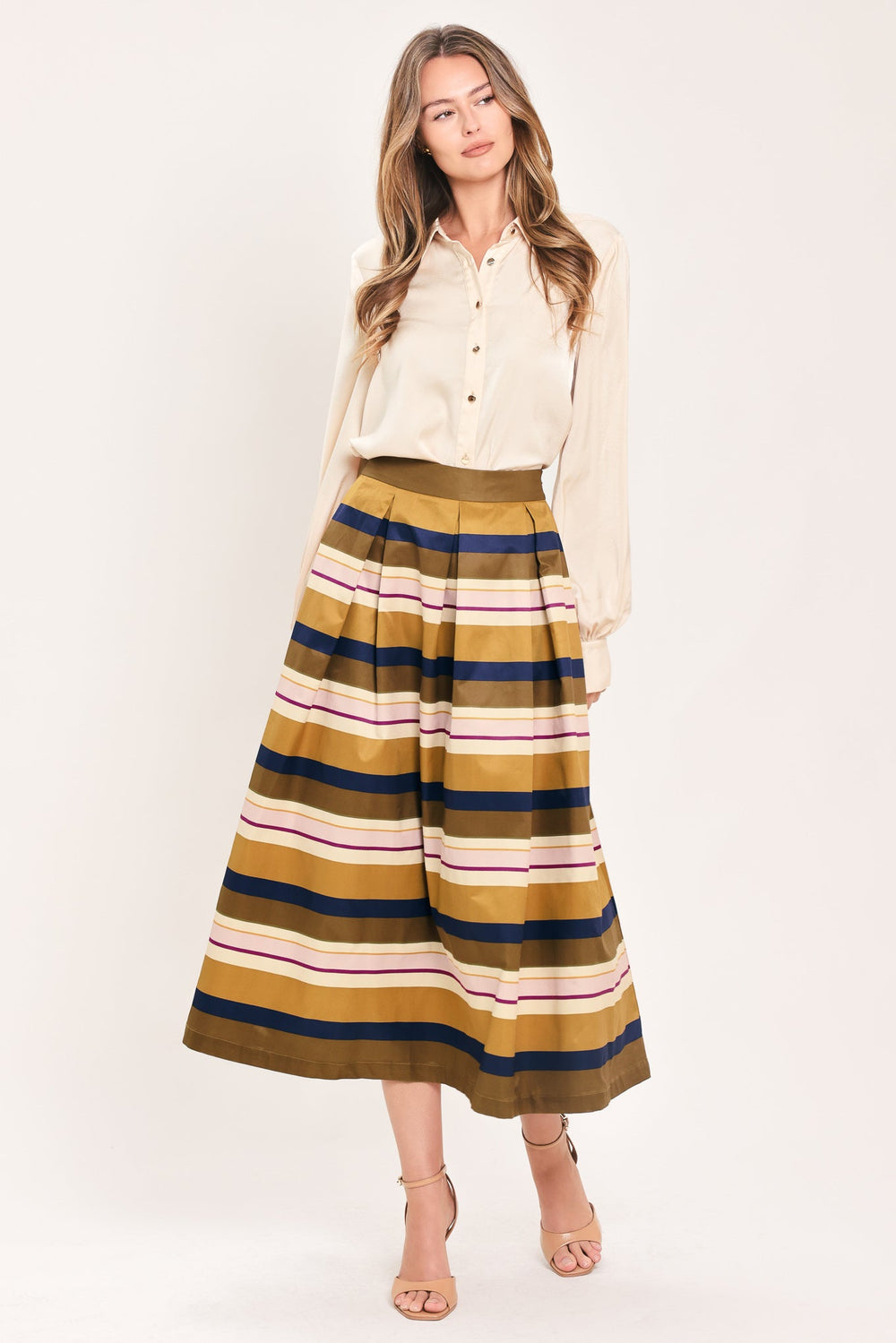 Saffron Stripe Whisper Woven Full Midi Skirt from KADOU Boutique