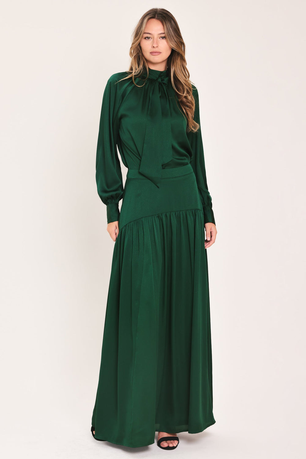 Forest Poise Hunter Green Drop-Waist Tiered Maxi Skirt from KADOU Boutique