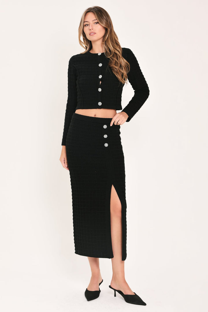 POLISHED MOMENT BLACK BUTTON-SLIT SWEATER MIDI SKIRT