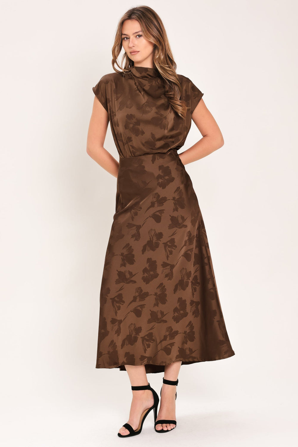 Chocolate Floral Woven Jacquard Midi Skirt from KADOU Boutique