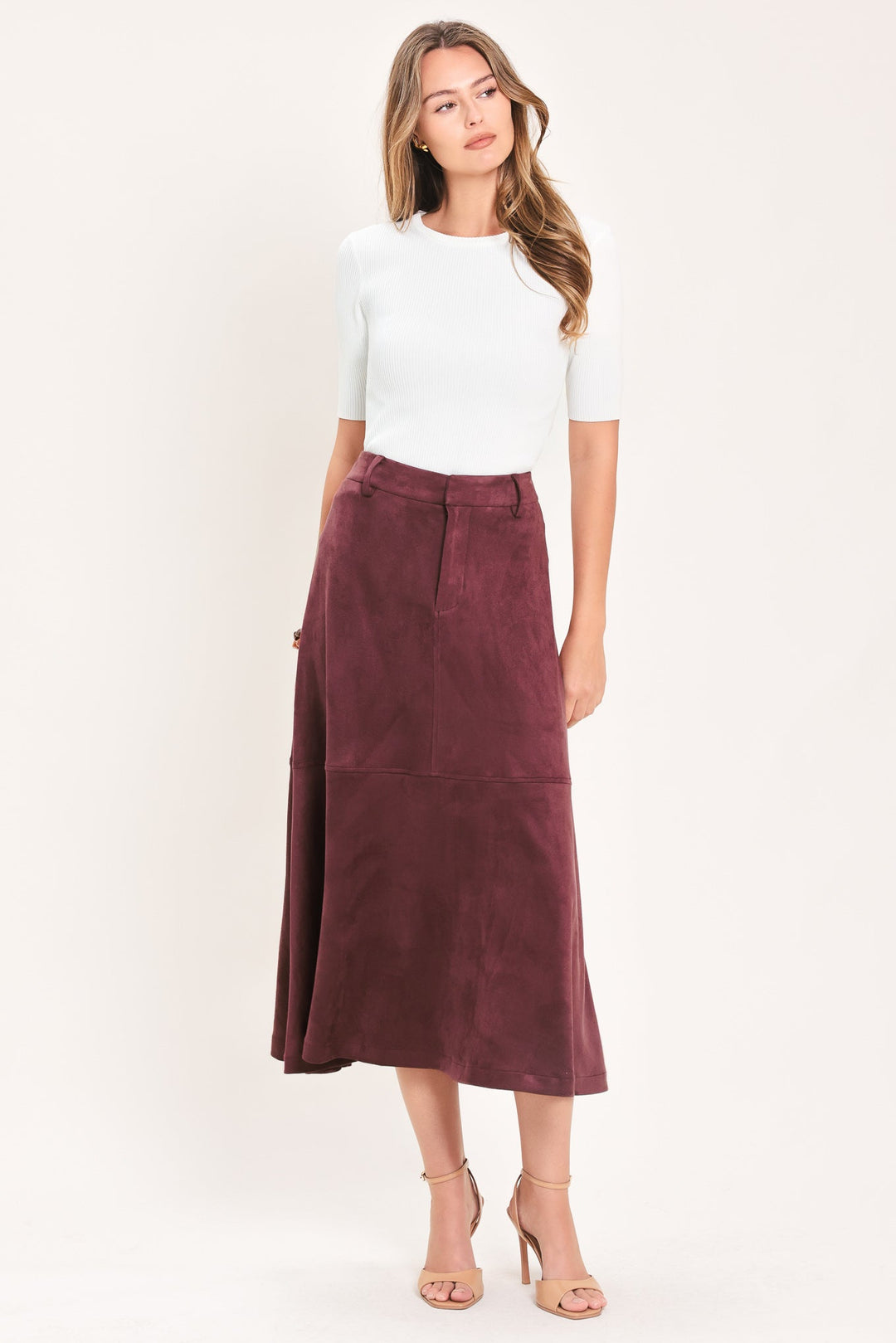 Wineberry Meadow Muse Faux Suede Midi Skirt from KADOU Boutique