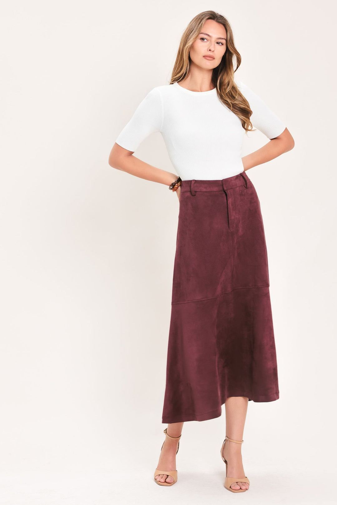 Wineberry Meadow Muse Faux Suede Midi Skirt from KADOU Boutique