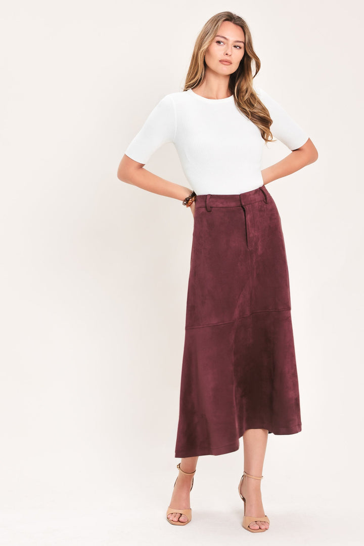 Wineberry Meadow Muse Faux Suede Midi Skirt from KADOU Boutique