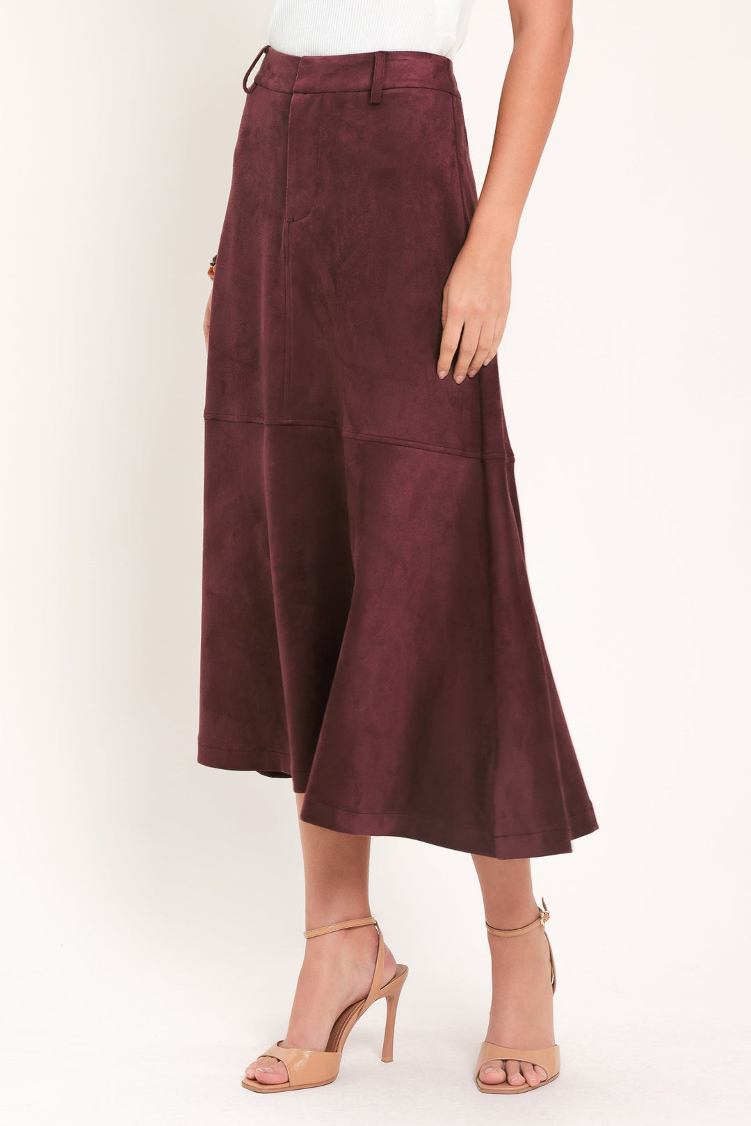 Wineberry Meadow Muse Faux Suede Midi Skirt from KADOU Boutique