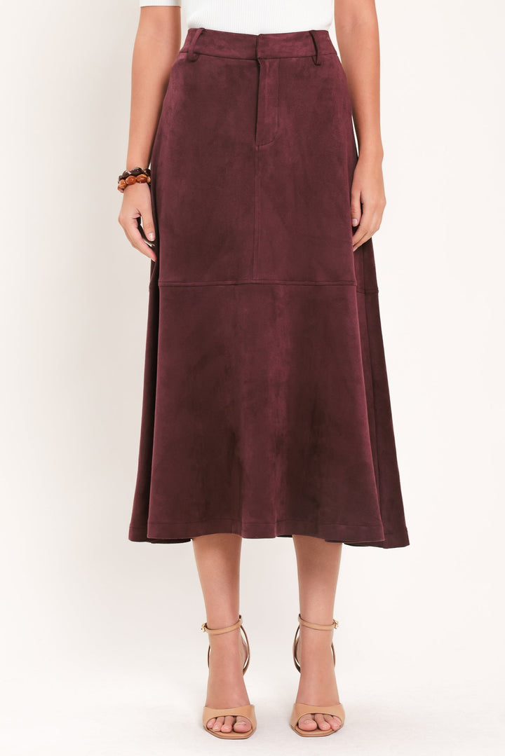 Wineberry Meadow Muse Faux Suede Midi Skirt from KADOU Boutique
