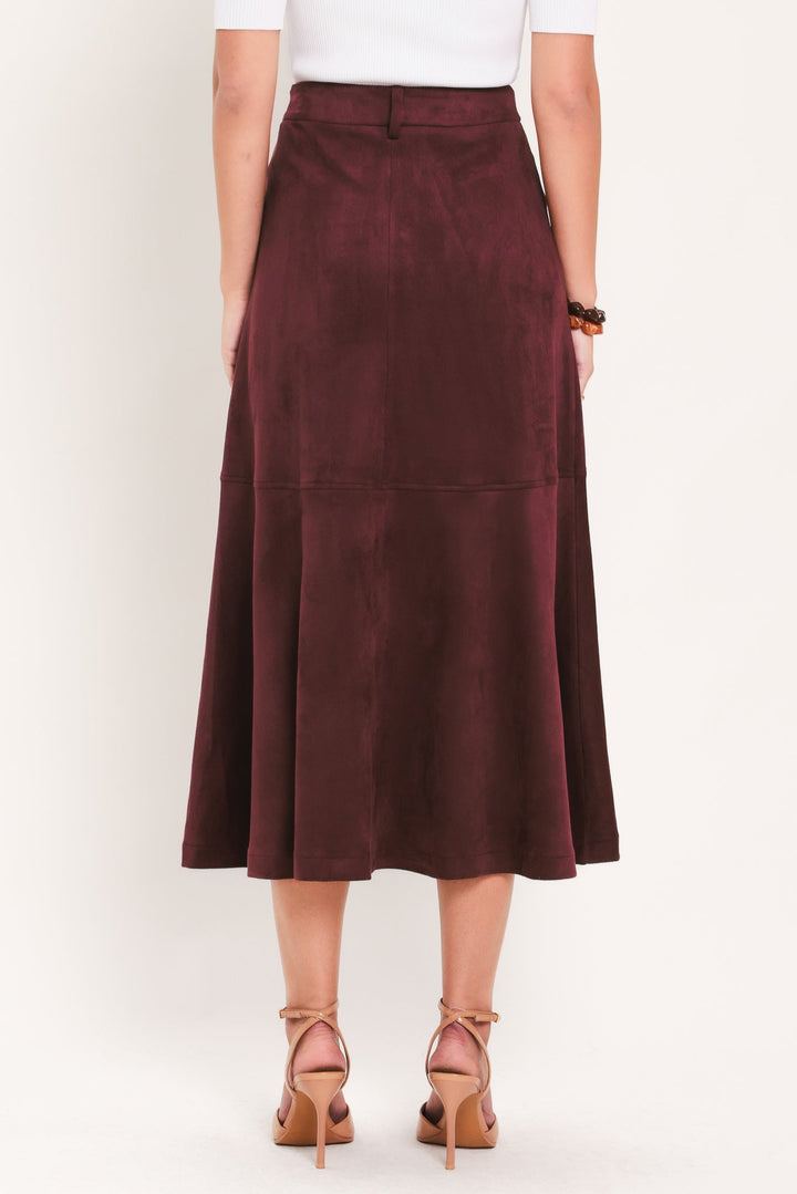 Wineberry Meadow Muse Faux Suede Midi Skirt from KADOU Boutique