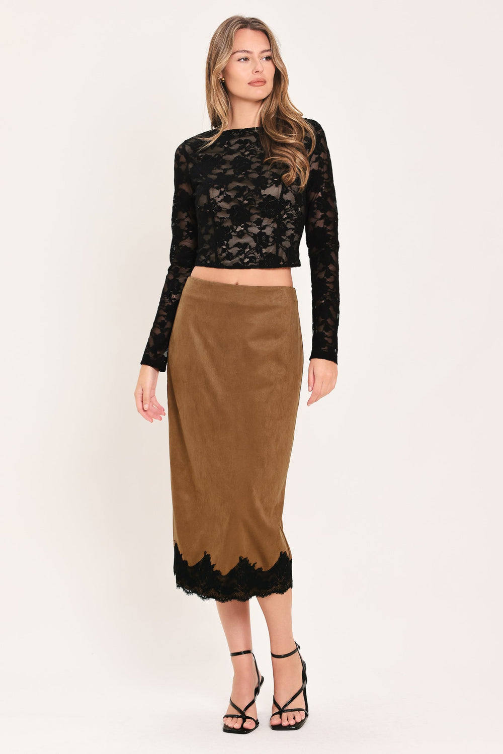 Umber Lace Afterglow Faux Suede Straight Skirt from KADOU Boutique