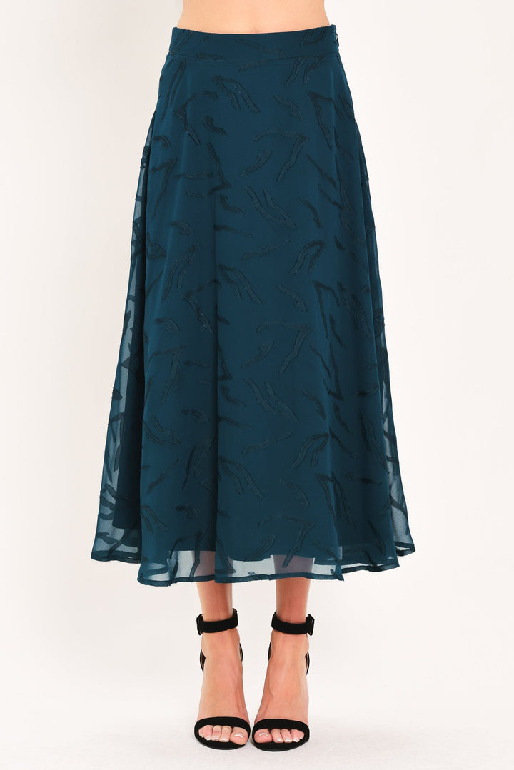Teal Shadow Sway Woven Jacquard Circle Midi Skirt from KADOU Boutique