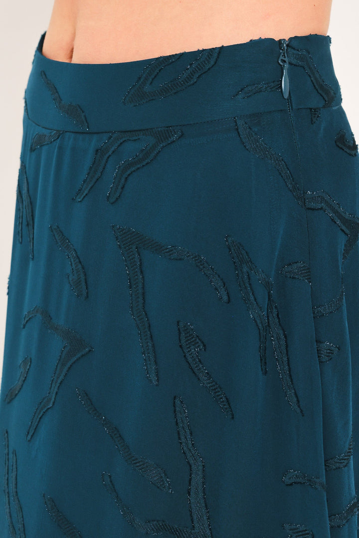 Teal Shadow Sway Woven Jacquard Circle Midi Skirt from KADOU Boutique
