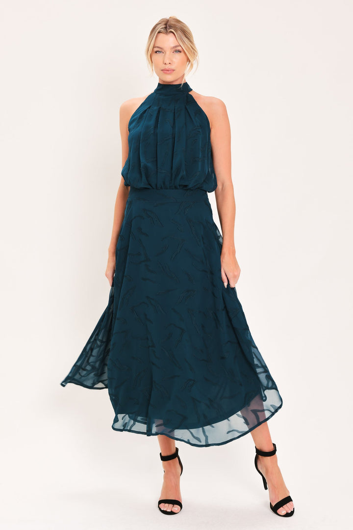 Teal Shadow Sway Woven Jacquard Circle Midi Skirt from KADOU Boutique