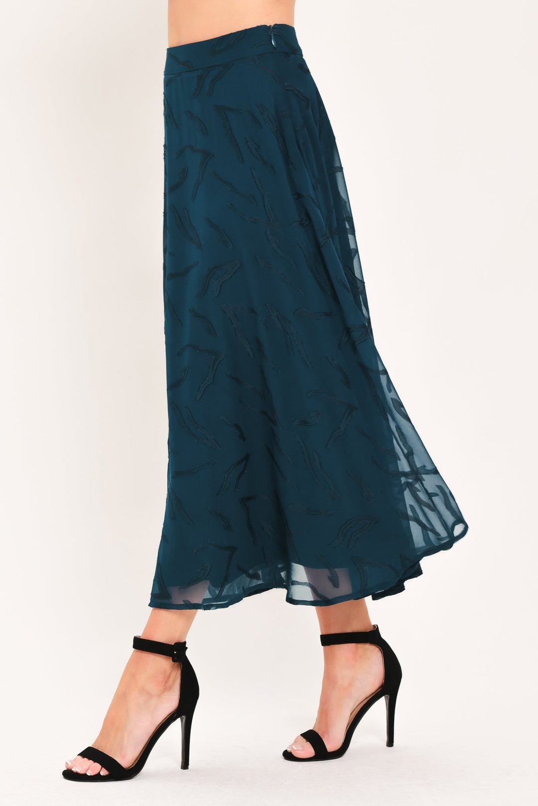 Teal Shadow Sway Woven Jacquard Circle Midi Skirt from KADOU Boutique