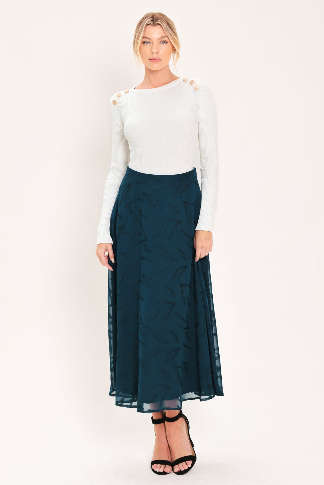 Teal Shadow Sway Woven Jacquard Circle Midi Skirt from KADOU Boutique