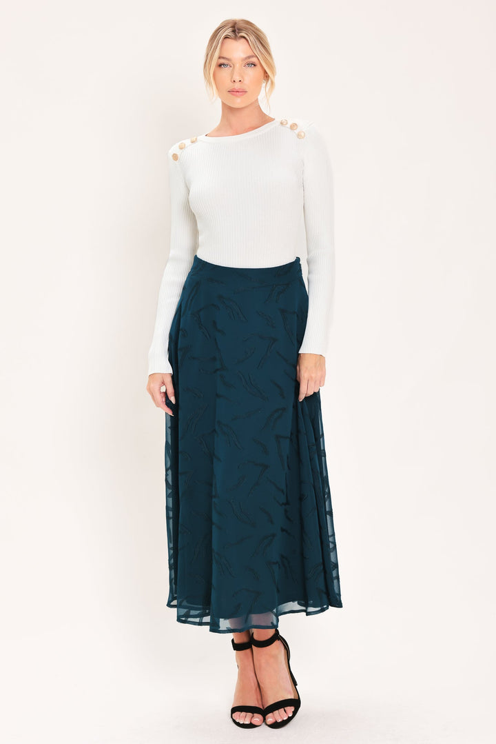 Teal Shadow Sway Woven Jacquard Circle Midi Skirt from KADOU Boutique