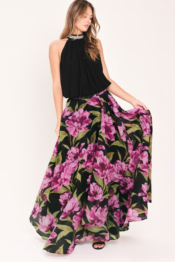Noir Garden Black Printed Full-Circle Maxi Skirt from KADOU Boutique