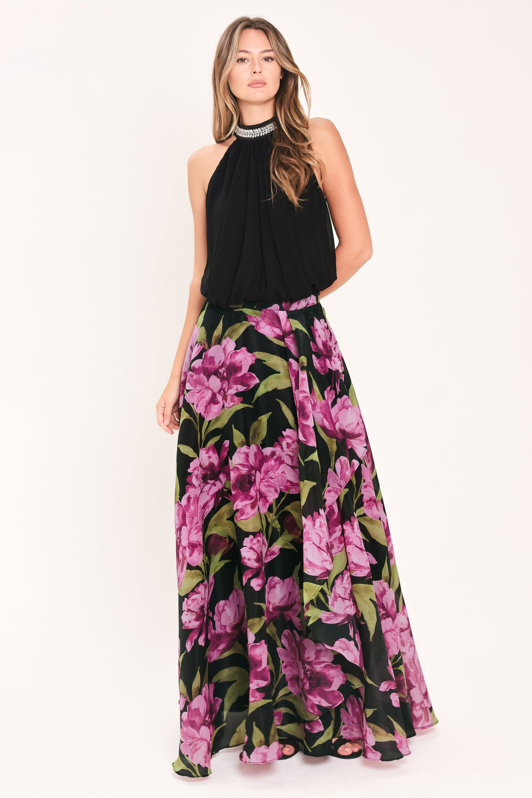 Noir Garden Black Printed Full-Circle Maxi Skirt from KADOU Boutique