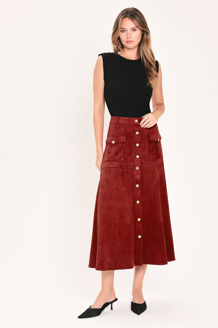 Rustic Romance Brick Faux Suede Button-Front Midi Skirt from KADOU Boutique