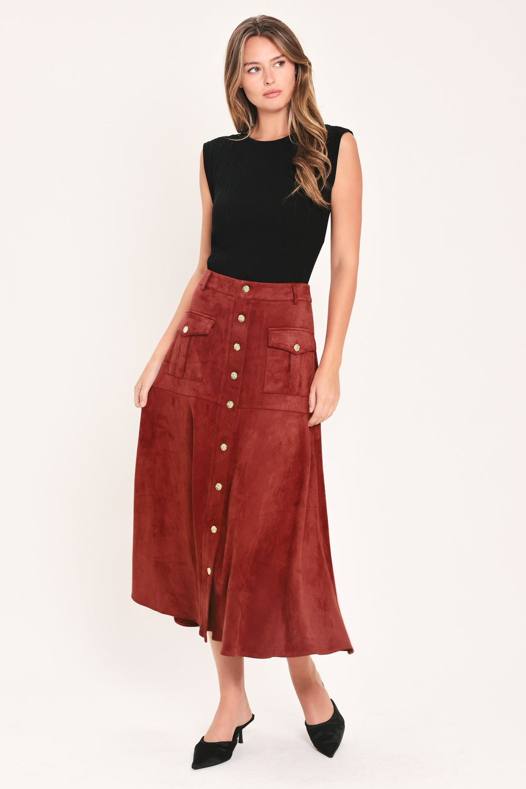 Rustic Romance Brick Faux Suede Button-Front Midi Skirt from KADOU Boutique