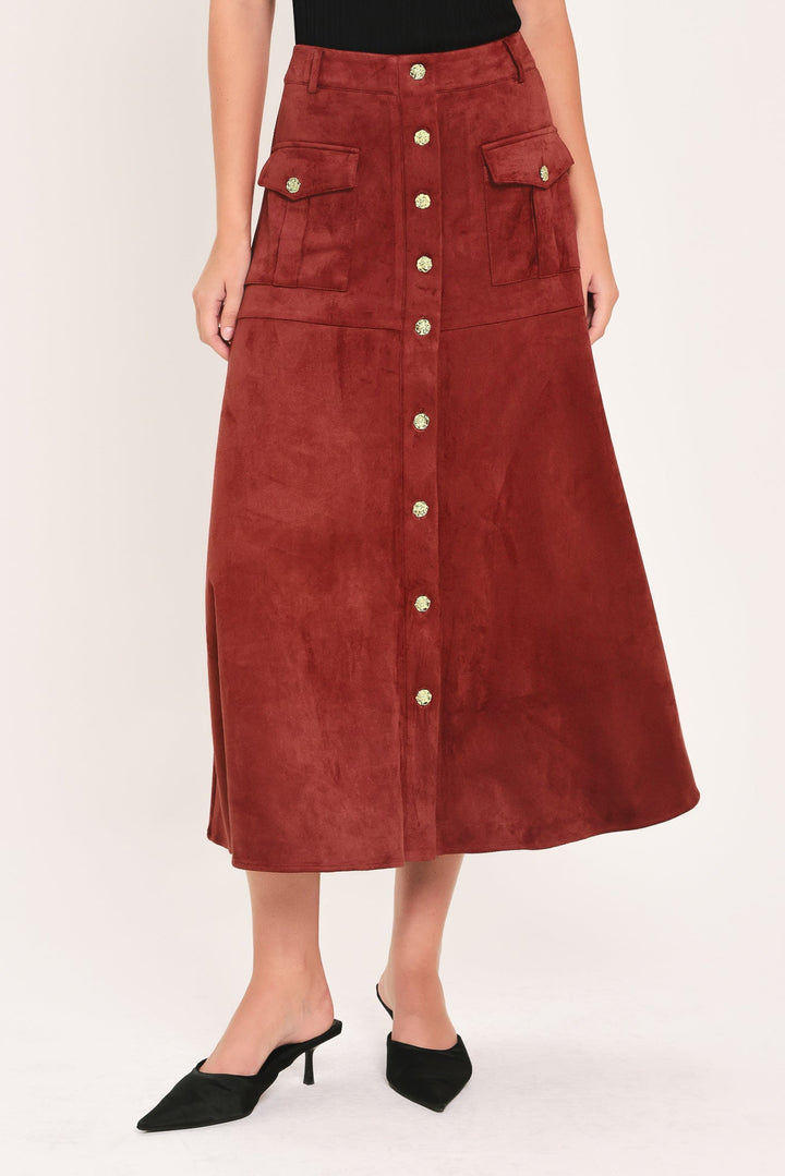 Rustic Romance Brick Faux Suede Button-Front Midi Skirt from KADOU Boutique