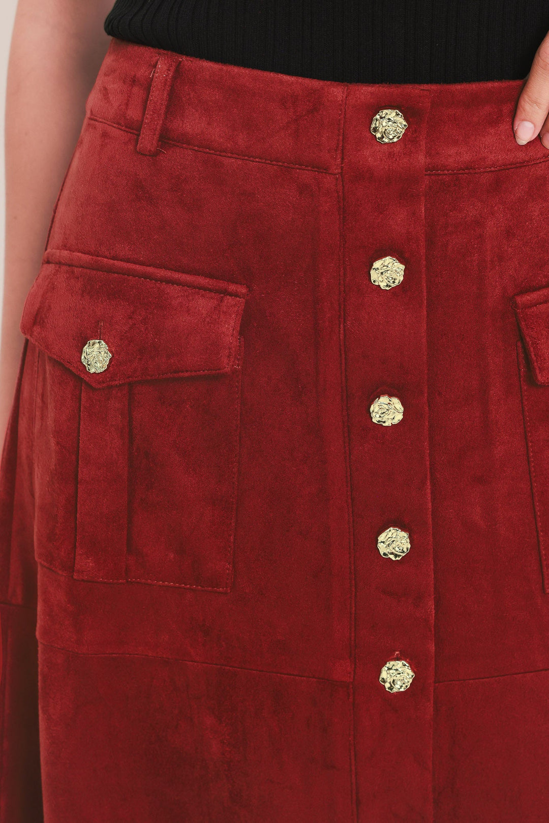Rustic Romance Brick Faux Suede Button-Front Midi Skirt from KADOU Boutique