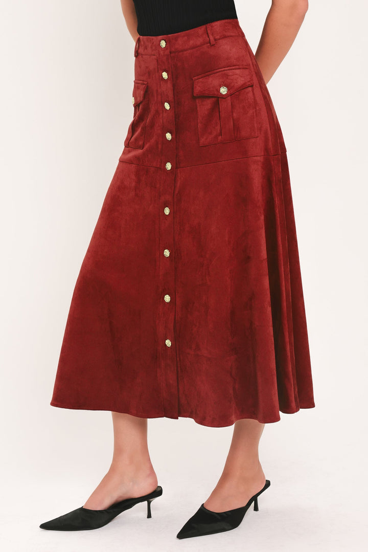 Rustic Romance Brick Faux Suede Button-Front Midi Skirt from KADOU Boutique