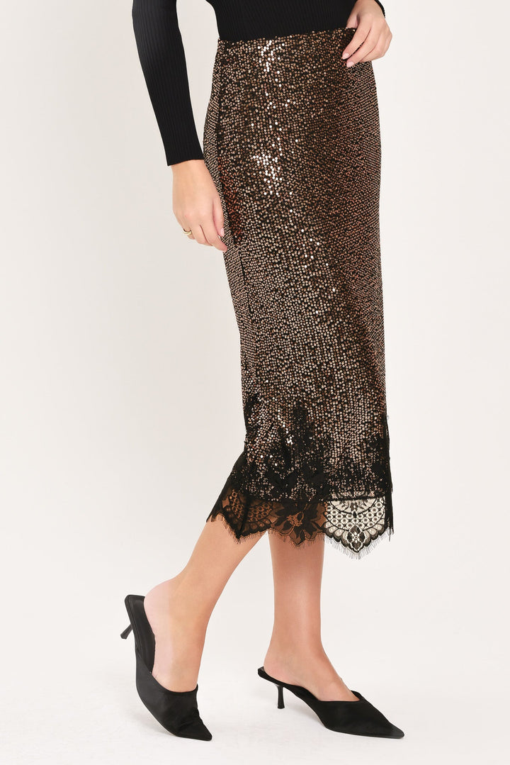 BRONZE LUSTER BRONZE/BLACK SEQUIN LACE-HEM MIDI SKIRT