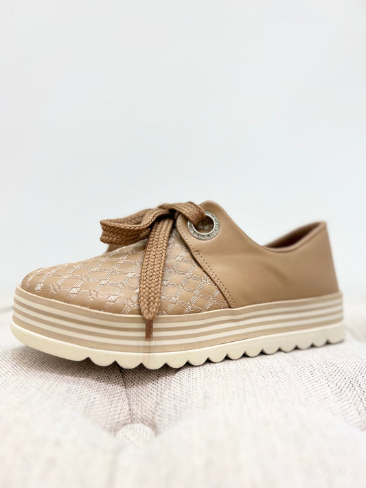 The Fine Threads Embroidered Sneakers in Taupe color. Available at Kadou Boutique.