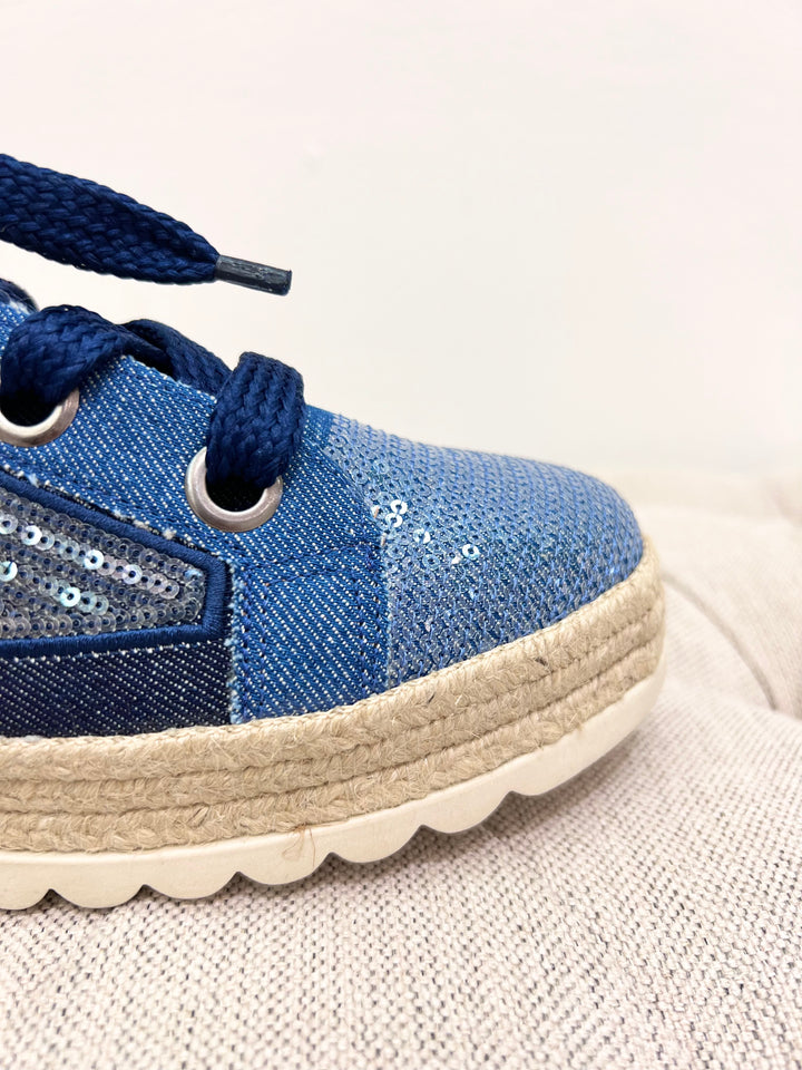 A closer look at the front of the Denim Sequin Sneakers. 