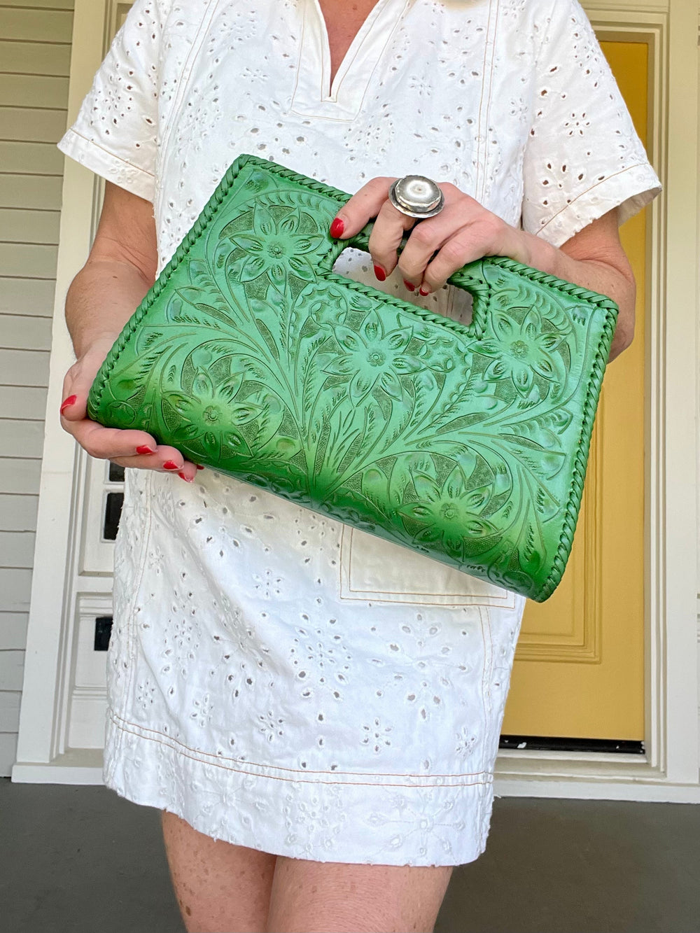 The Caroline | Hand-Tooled Leather Clutch & Crossbody from KADOU Boutique