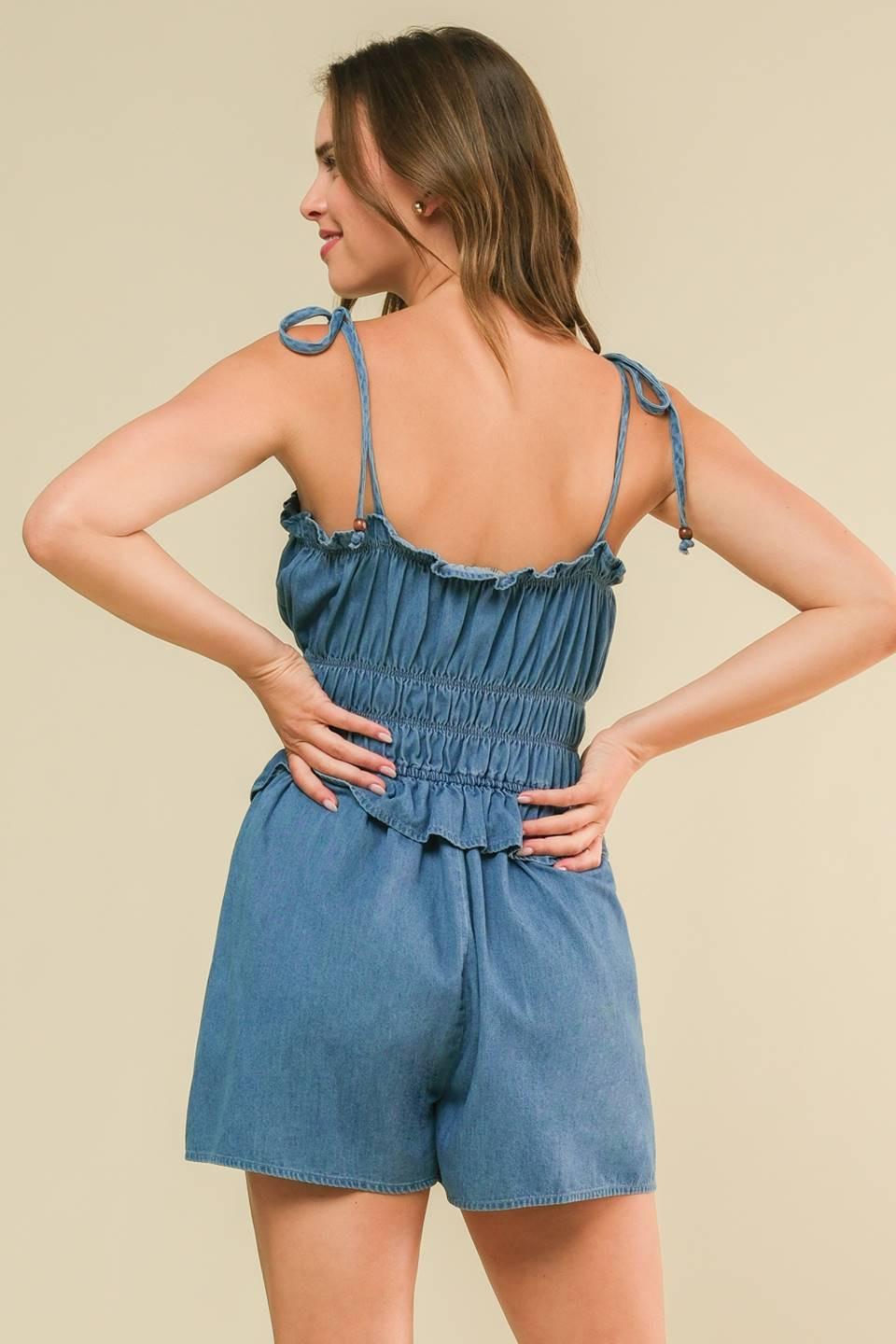 Thriving All Night Denim Romper from KADOU Boutique