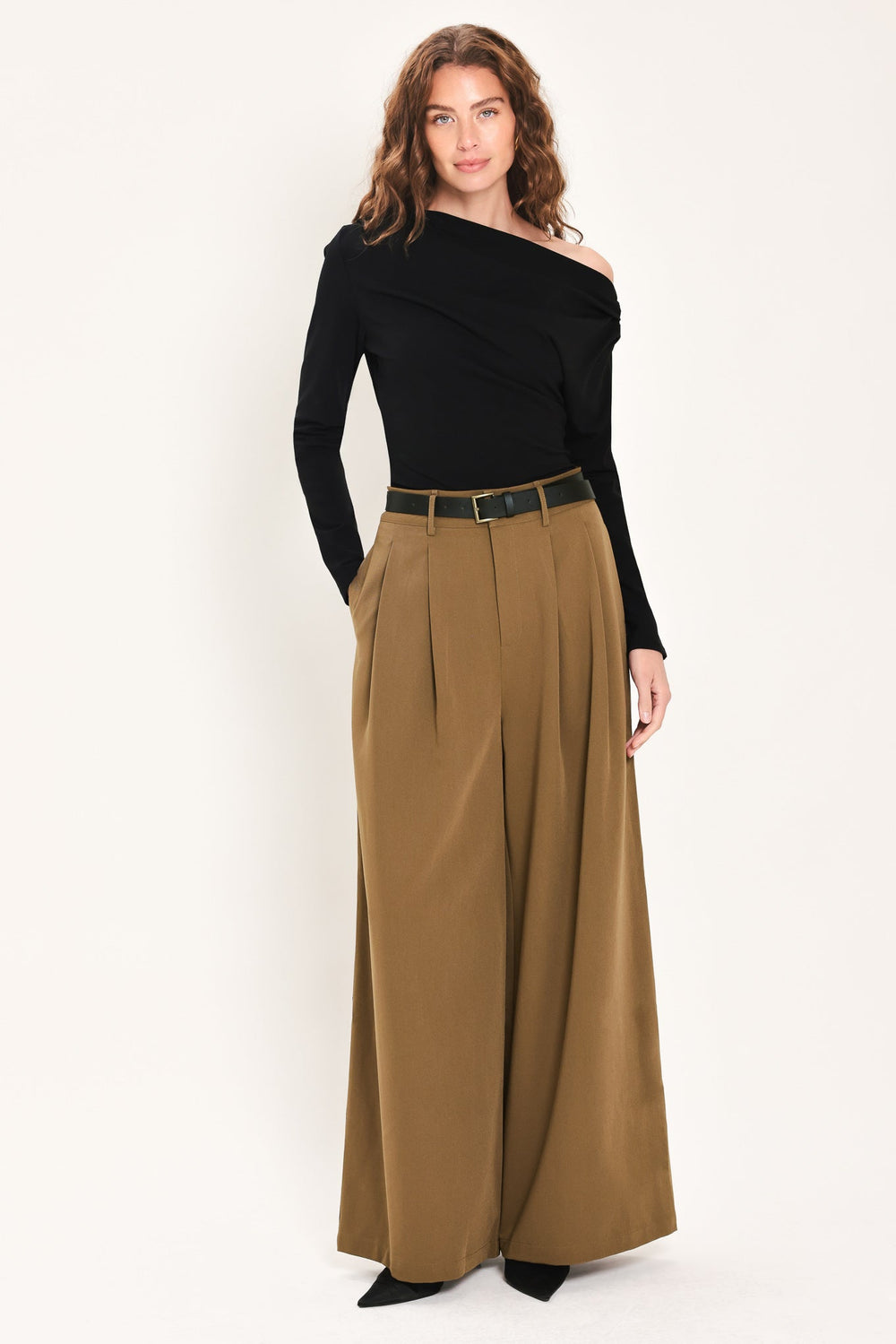 City Cinch Black/brown Belted Wide-Leg Pants from KADOU Boutique